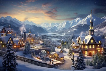 A beautiful winter village covered in snow during the Christmas season. Generative AI