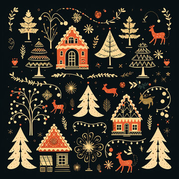 Small houses, branches and christmas trees with decorative balls and shapes pattern on black background for cards, painting, drawing, wallpaper, gift tags and gift wraping.