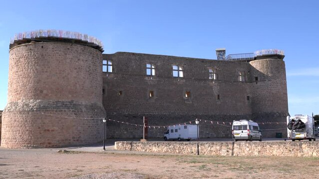 Motorhome reversing at spanish aire next to castle Castillo de Garcimunoz Cuenca, Castile-La Mancha, Spain
