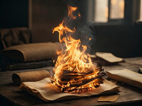 Burning Books Papers Fire in Library Flames Destroy Burning Education Wealth Power Altar Unemployment Illiteracy Global Recession Schools Universities Useless Education system Burning Scriptures