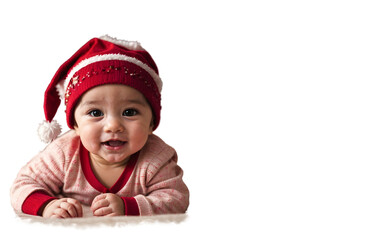 Portrait of cute adorable little baby with Santa Claus red hat isolated on white background 