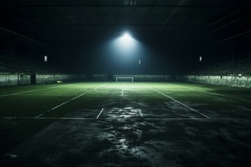 An abandoned soccer field lit by a lone spotlight, accompanied by a lush futsal court for practice. Generative AI