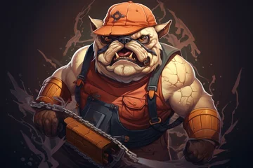 Fotobehang Detailed cartoonish illustration of an angry bulldog lumberjack with a chainsaw. Generative AI © Pascal