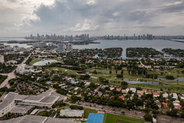 Aerial view of Miami Beach, Florida landscape cityscape with Downtown Miami skyline in distance