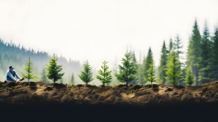 Planting new trees. planting new trees in an open area of a mountain. conifer trees. Hand edited generative