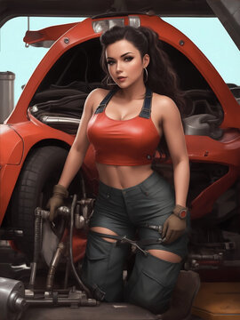 sexy calendar or poster image of beautiful young woman car mechanic wearing leather bra top 