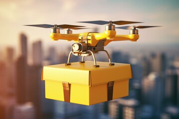 A photo of a yellow remote control air drone flying in the sky above an empty craft box under an urban surface with a modern city background. It represents online goods express. Generative AI