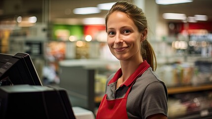 A cheerful cashier expertly handles transactions at a store's cash register,ensuring smooth shopping
