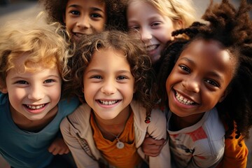 group of kids from different backgrounds come together, grinning from ear to ear.