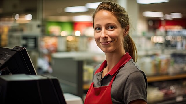 A cheerful cashier expertly handles transactions at a store's cash register,ensuring smooth shopping
