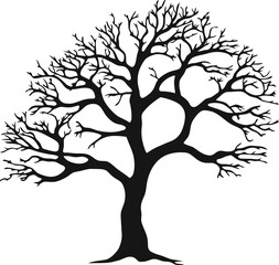 Vector illustration. Bare tree silhouette without barren leaves dead no scary black life. Hand drawn. Isolated on white background.