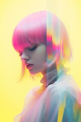 Glitch portrait, asian youth modern clothes, vibrant colors, white hair contrasting beautifully
