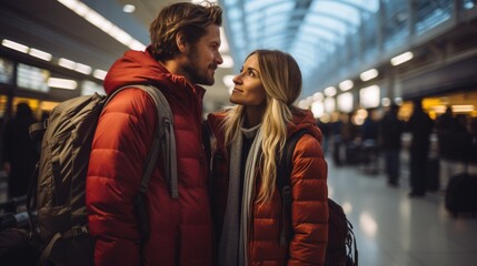 A couple eagerly awaits their next adventure, standing, the hustle and bustle of an airport terminal
