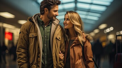 Obraz premium A couple in love, standing side by side at an airport,eagerly awaiting their next adventure together