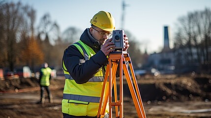 worker in a safety vest and hard hat is utilizing a surveying instrument to measure a construction - obrazy, fototapety, plakaty