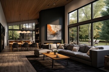 elegant living room adorned with sizable windows and a fireplace, exuding a modern ambiance