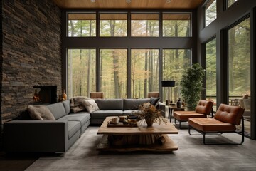 Obraz premium . A cozy living space with floor-to-ceiling windows, inviting natural light across a sleek modern