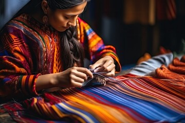Peruvian woman meticulously crafts colorful fabric using her needle and thread.