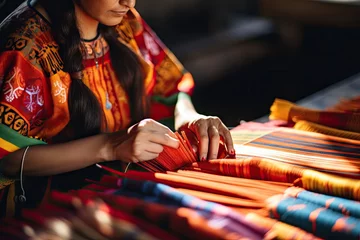 Foto auf Acrylglas Heringsdorf, Deutschland Peruvian woman meticulously crafts colorful fabric using her needle and thread.