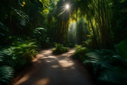 an image of a winding path cutting through a dense, summer jungle - AI Generative