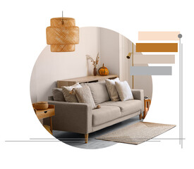 Stylish grey sofa in light living room