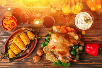 Tasty baked turkey and different food for Thanksgiving Day on wooden background