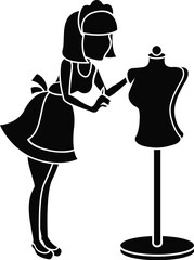 Cartoon Black and White Illustration Vector Of A Woman in A Maids Outfit Standing Next To A Dressmakers Mannequin