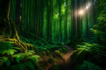 Enchanting and beautiful forest with sunlight filtering through the branches of trees - AI Generative