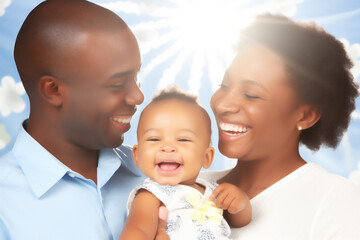 African American couple smiling with their child between them with solar star in the background