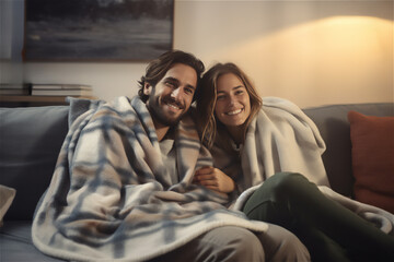 young couple of boy and girl smiling sitting on the sofa at home wrapped in a blanket - obrazy, fototapety, plakaty