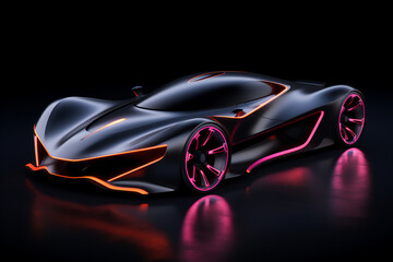 illustration of futuristic sports electric car with orange and pink neon lines on black background