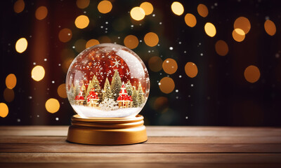 Christmas snow globe with snowflakes, fir trees and houses