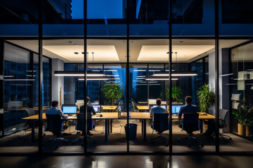 office with large windows seen from outside at night - obrazy, fototapety, plakaty