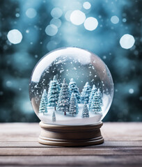 Fototapeta na wymiar Christmas snow globe with snowflakes and pine trees