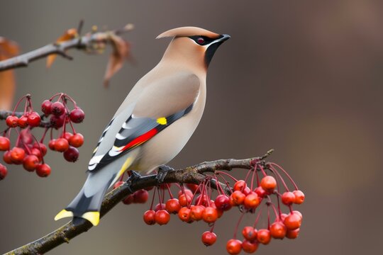 the waxwing perches on a mountain ash. child's artwork. Generative AI