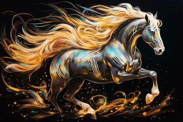 Elegant horse artwork with gold lines on black background and vibrant marble waves. Perfect for canvas art decor. Generative AI