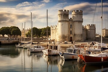 Medieval towers at La Rochelle harbor, France on the West Atlantic Coast in summer. Generative AI