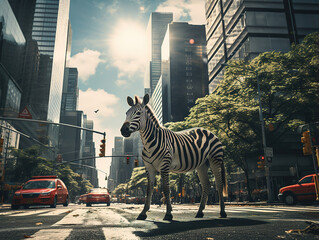 Zebra Crossing the Crosswalk in Downtown City