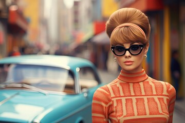 close up street fashion portrait of pretty woman wearing 60s outfit with street view background, generative Ai