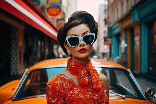 close up street fashion portrait of pretty woman wearing 60s outfit with street view background, generative Ai
