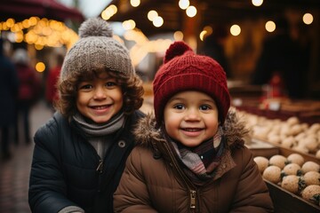 Festive Wonder: Two Toddler Boy Children Standing in Awe at a Christmas Market