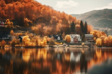 Autumn landscape featuring mountains, hills, trees, lake, and houses. Generative AI
