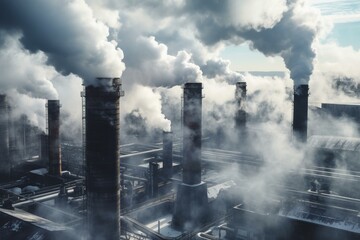 Closeup of smoke emitting from industrial factory pipes and chimneys. Generative AI