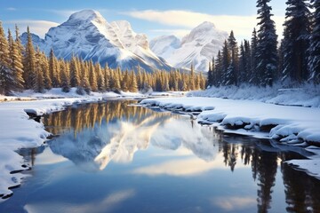 Reflection of Rocky Mountains in Bow River. Near Canmore, Alberta. Winter season. Bear country. Beautiful landscape. Generative AI