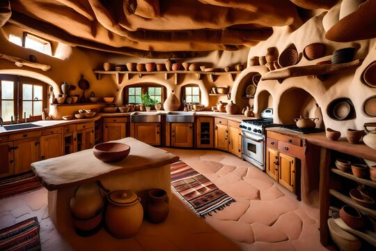 Rustic kitchen made of white mud cob and adobe,with native american motif and native american clay pottery and clay cookware - AI Generative