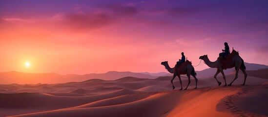 Fototapeta na wymiar camels in the desert, Sahara, against the backdrop of a beautiful sunset, bright colors, screensaver for your computer desktop