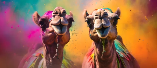 Foto op Plexiglas camels in the desert, Sahara, against the backdrop of a beautiful sunset, bright colors, screensaver for your computer desktop © shustrilka