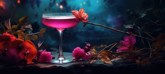 close up a glass of cocktail in secret garden whimsical atmosphere, Generative Ai