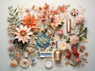 Fototapeta na wymiar Make up accessories arranged with orange flowers on pastel background. flat lay