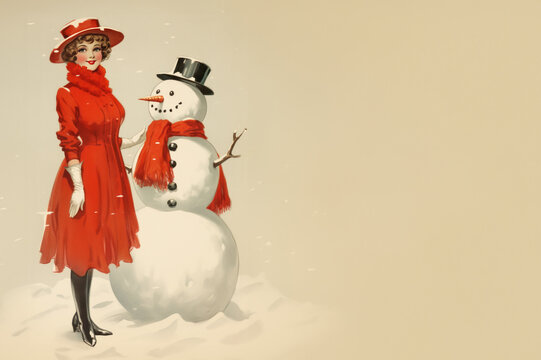 Stylish Vintage Woman Christmas Postcard created with Generative AI technology